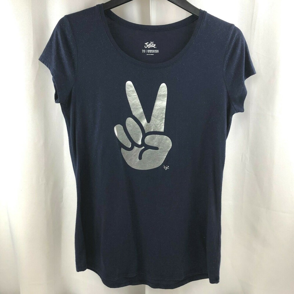 Justice Girls Sz 20 T-Shirt Shimmery Dark Blue Top with Silver Hand Peace Sign